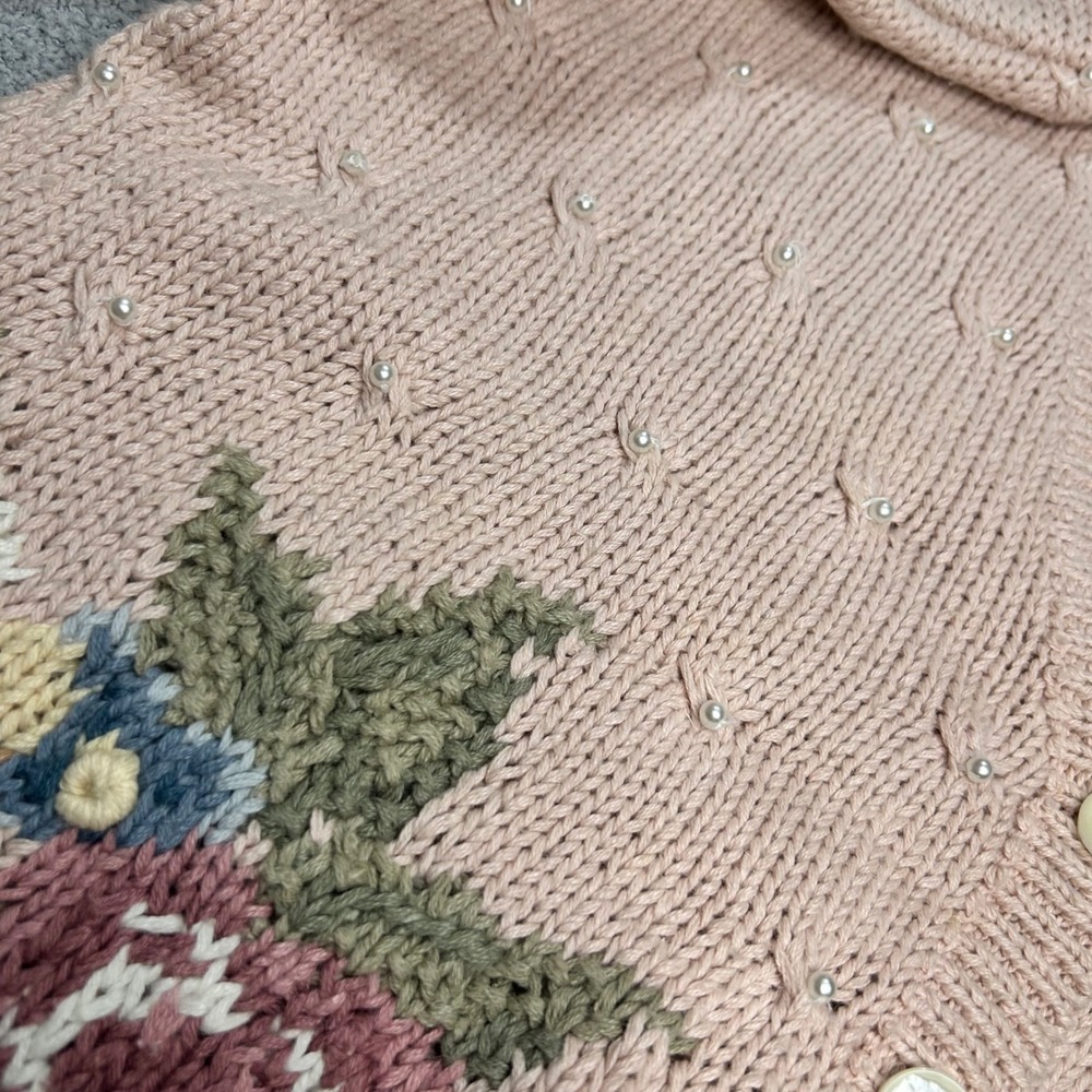 1990s Ashley Cardigan VTG Floral Hand Knit PM Pink Grandmacore Coquette Cottage - Picture 4 of 13